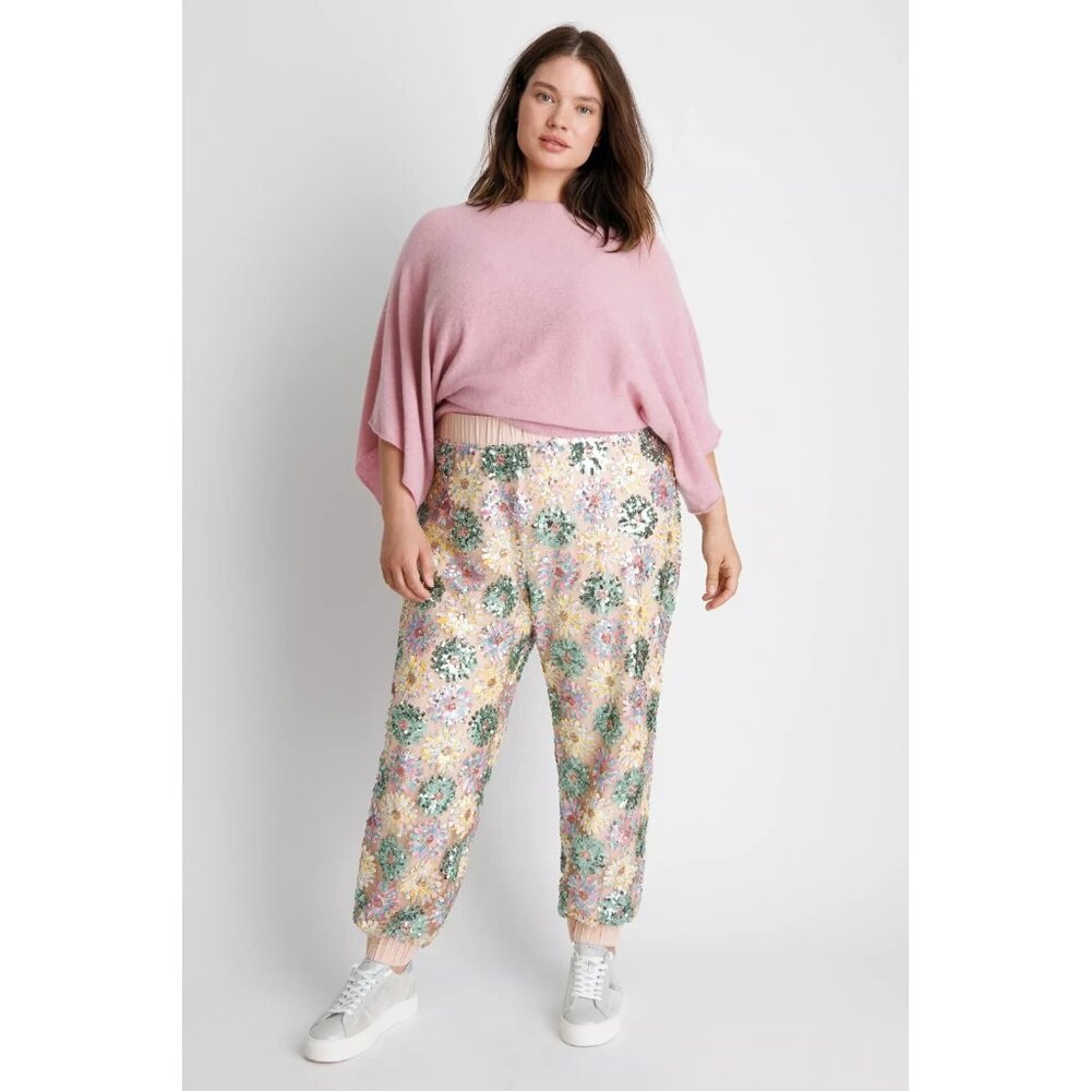 NWT Anthropologie Eva Franco Fernanda in Rose Floral Daisy Sequined Joggers 1X